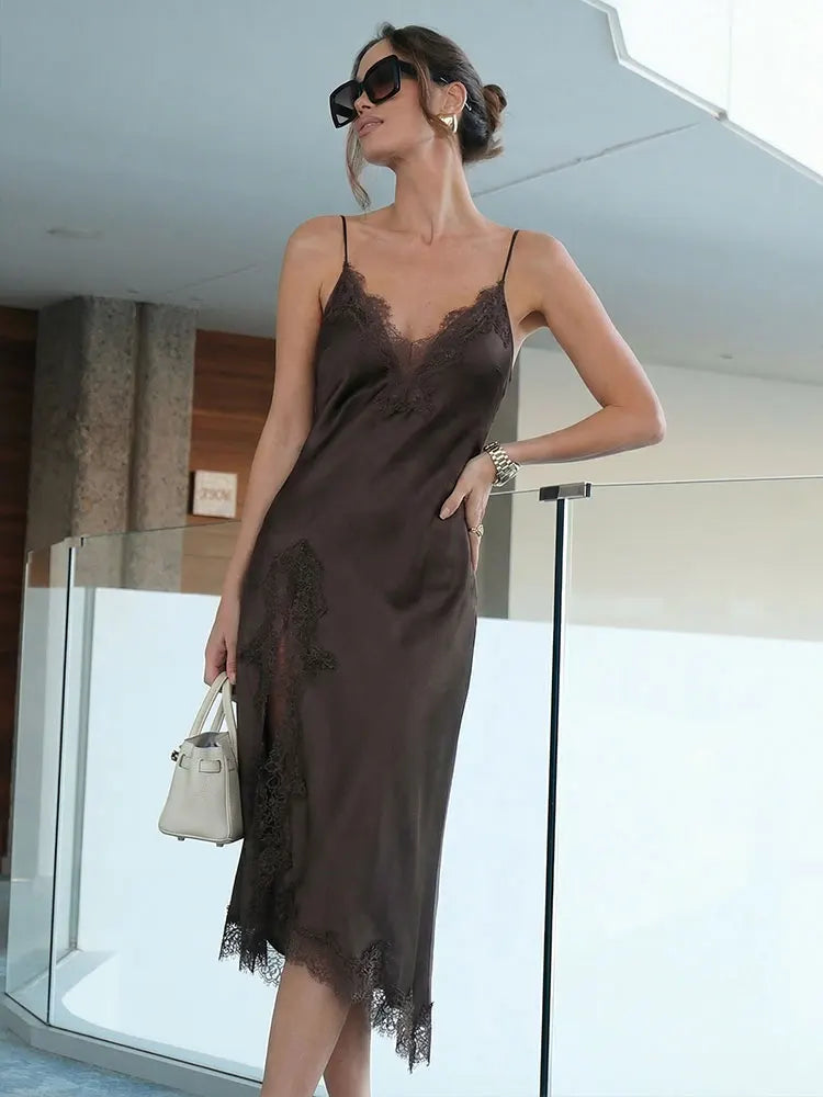 HH Women Fashion Lace Splicing Satin Texture Long Dress Sexy Backless Sleeveless Dresses Summer Lady Trend Party Evening Dress