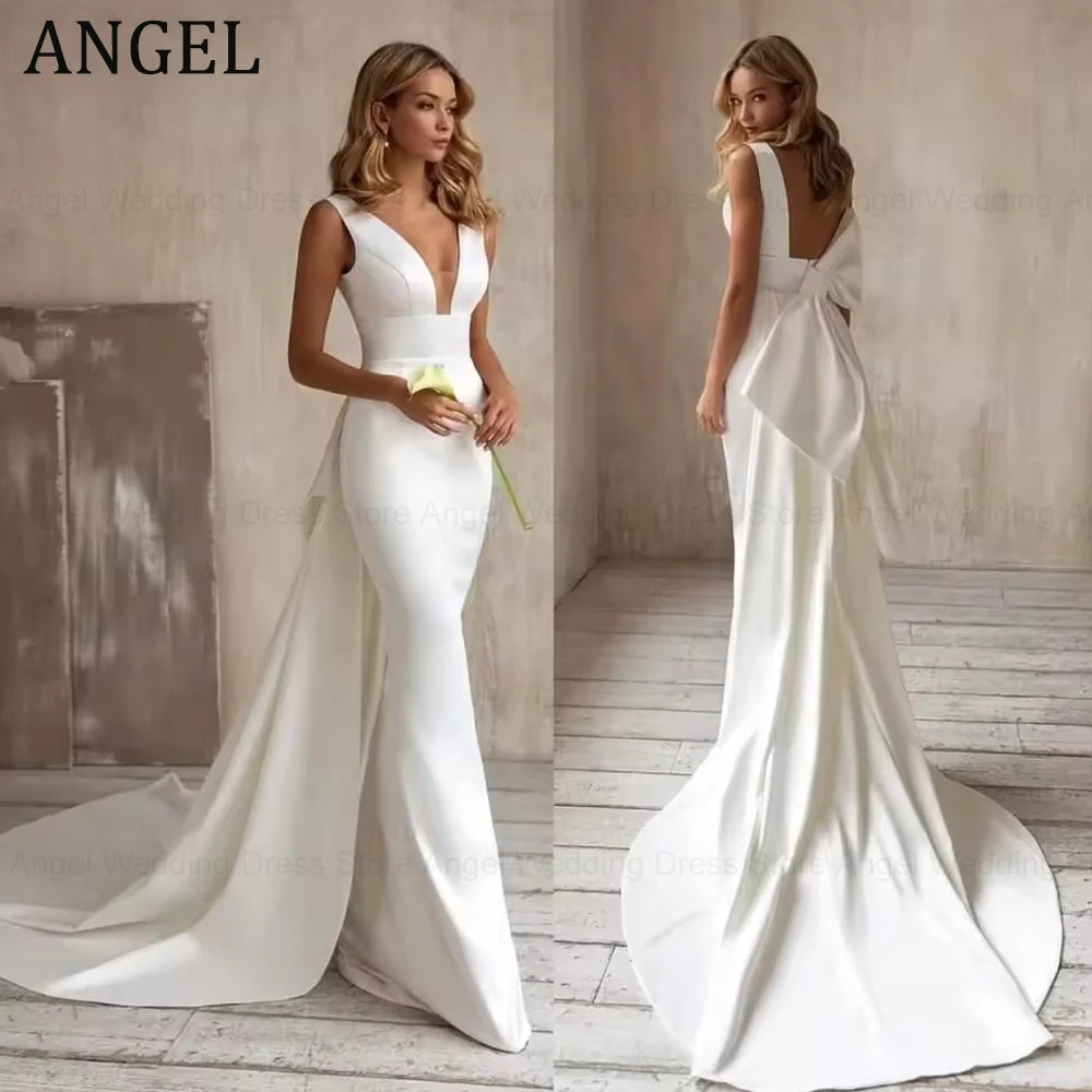 ANGEL Mermaid Elegant Wedding Dress 2025 Customized Detachable Train Bow V-Neck Simple Bridal Gown Sleeveless Vestidos De Novia