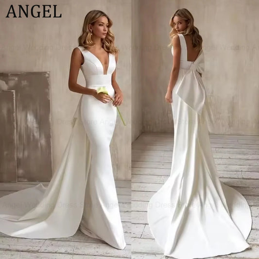 ANGEL Mermaid Elegant Wedding Dress 2025 Customized Detachable Train Bow V-Neck Simple Bridal Gown Sleeveless Vestidos De Novia