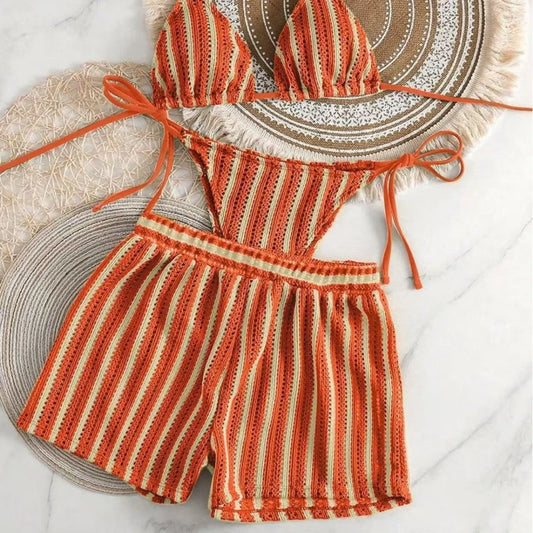 2026 New Style Boxer Shorts Mesh Three-piece Women's Swimsuit Neck Lace-up Bikini Set
