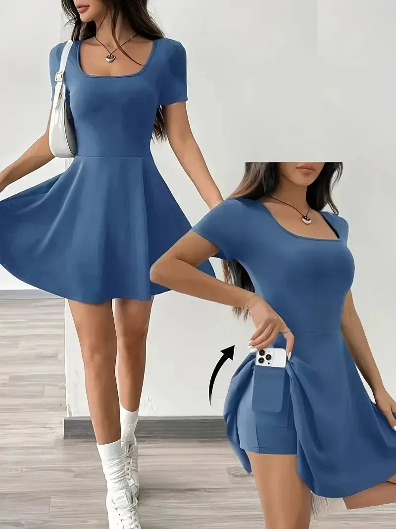 Summer 2025 Brown Knitted Short Casual Dress Mini Skirt Length Polyester Fiber Square Collar Empire Waistline Regular Sleeve