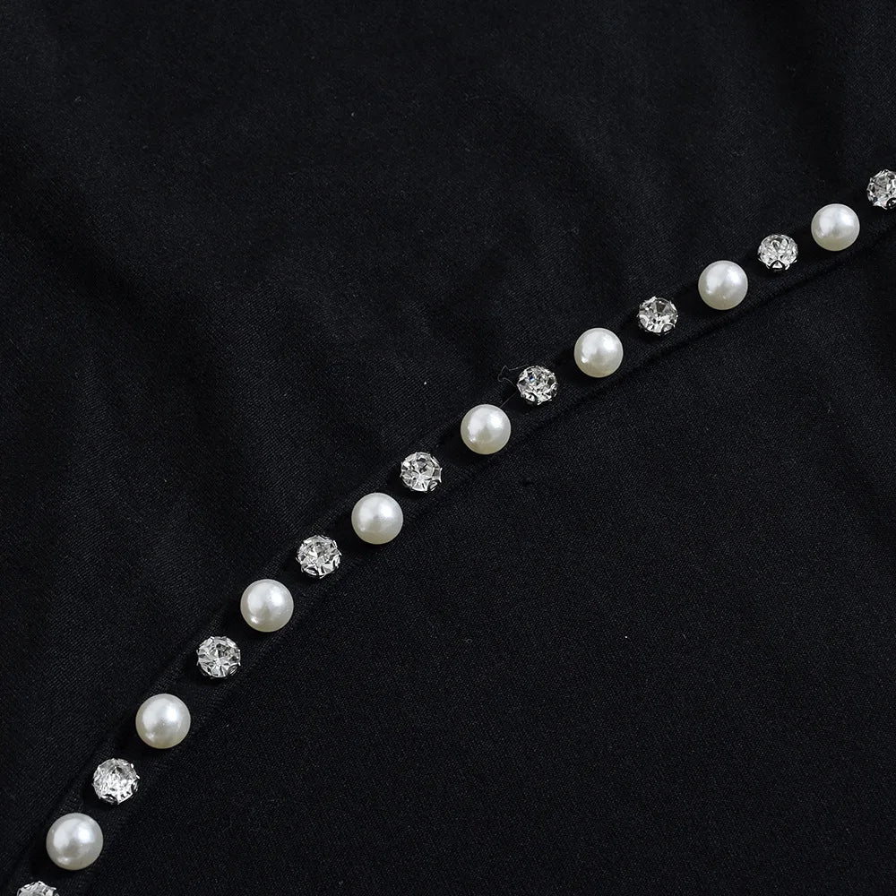 Sexy Slant Shoulder Cut Out Bodycon Maxi Dress Women Diamond Pearl Trim Luxury Party Vestido 2025 Summer Night Prom Clothes
