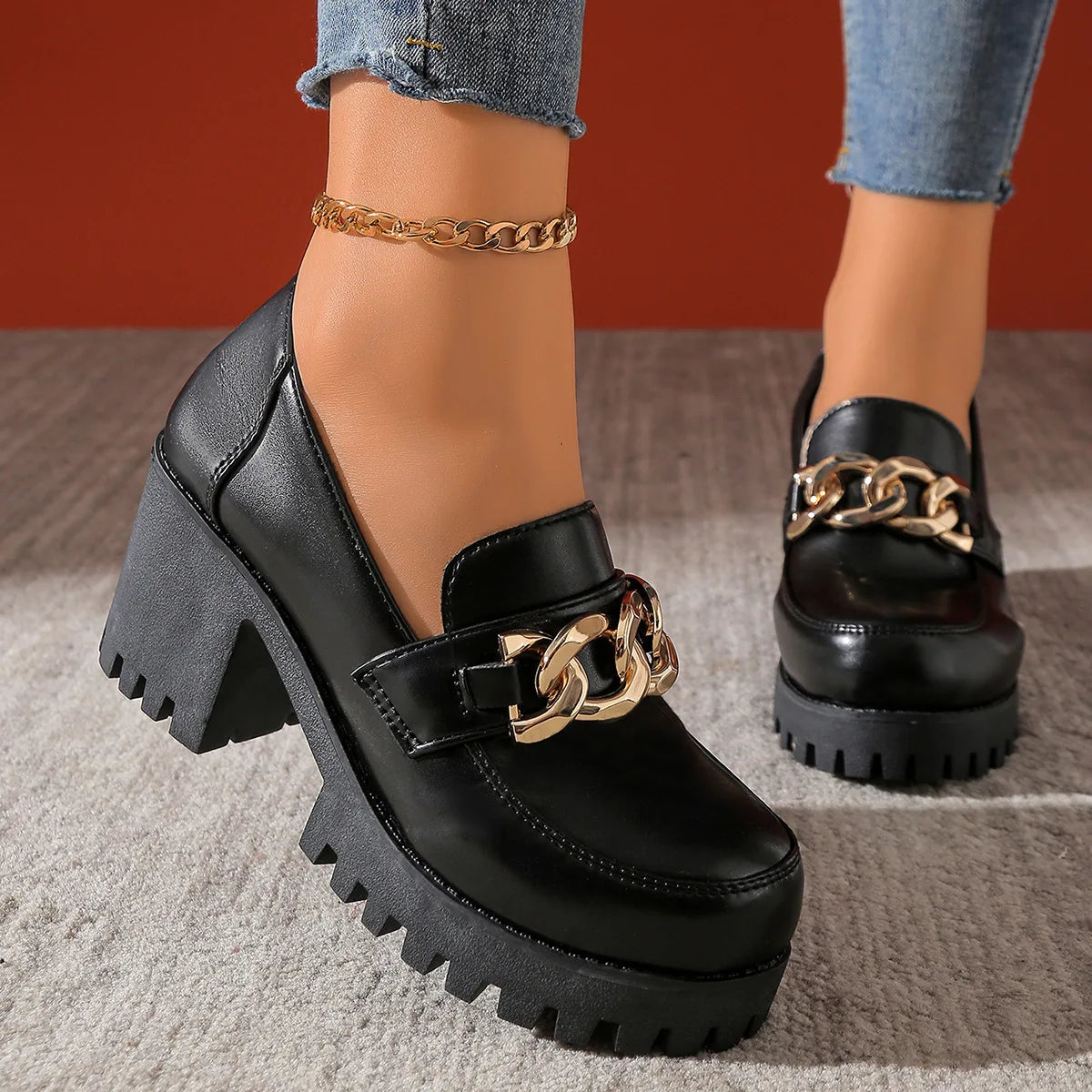 Women's Large Size Thick Heel Slip-On round Toe Leather Shoes Spring Autumn New Style Korean Style PU Leather Mid Heel