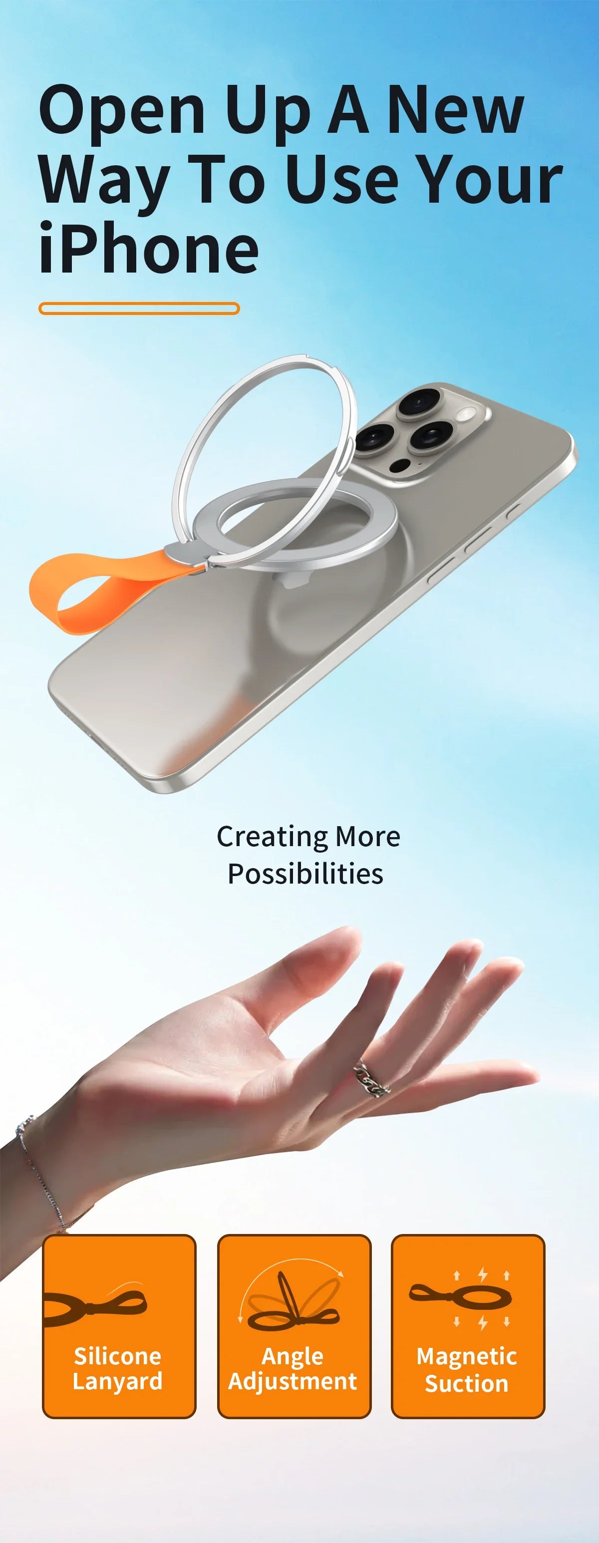 Magnetic Phone Ring Holder for iPhone Series MagSafe Stand Ultra-thin Folding Can Charge Wirelessly Grip With Lanyard Universal