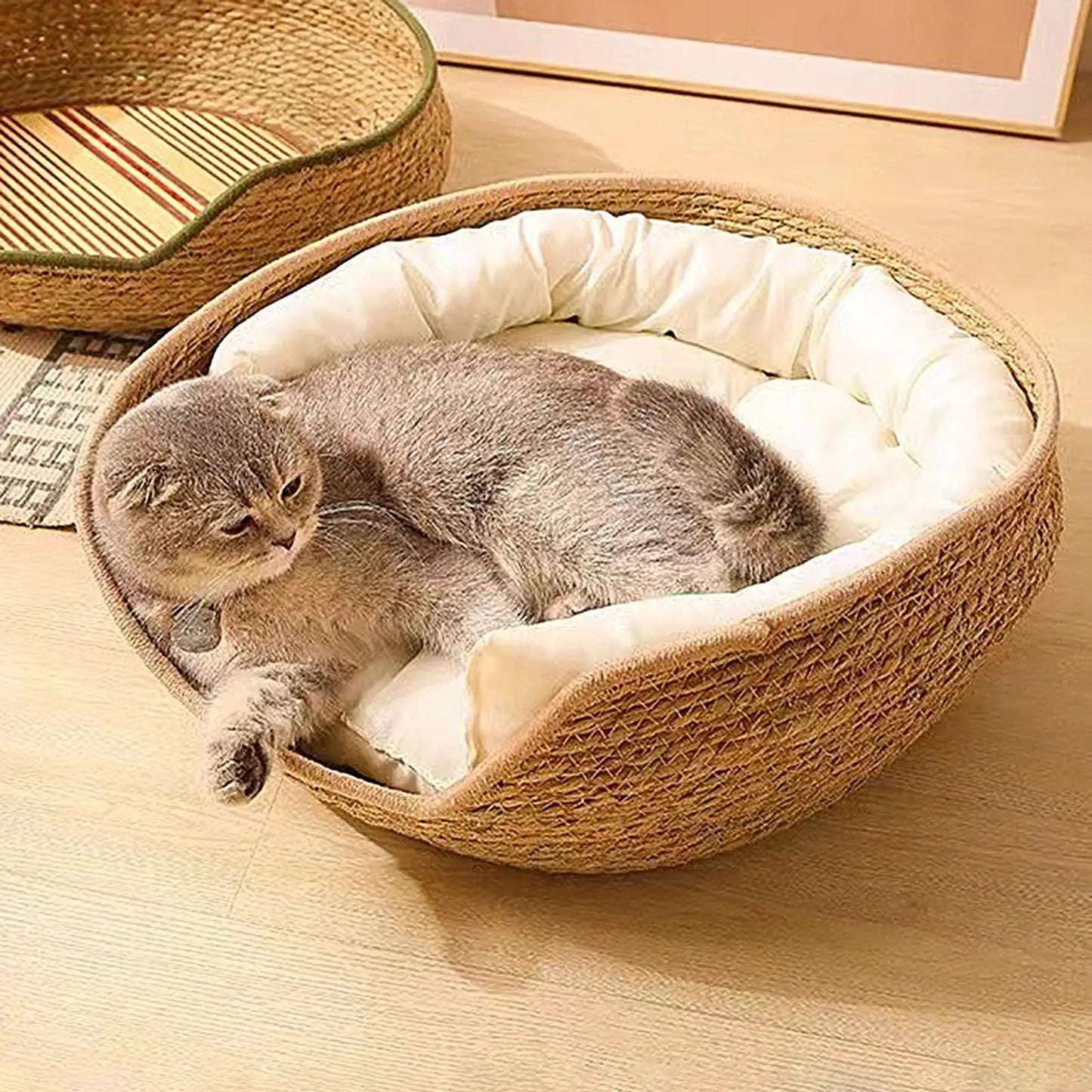 Cat Bed Hand-Woven Cotton Rope Cat Basket All Season Indoor Weaving Pet Resting Scratching Sleeping Furniture for All Breeds