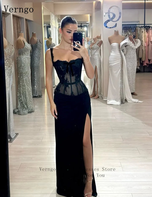 VerngoBlack Chiffon Elegant Evening Dress Spaghetti Straps Mermaid Side Slit Party Dress Sexy Arabia Prom Gown Customized