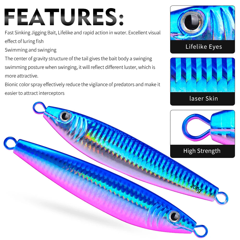 Proberos 20g-200g Metal Jig 3D Print Shore Trolling Spoon Hard Fishing Lure 1PC Artificial Laser Body Shiny Luminous Tackles