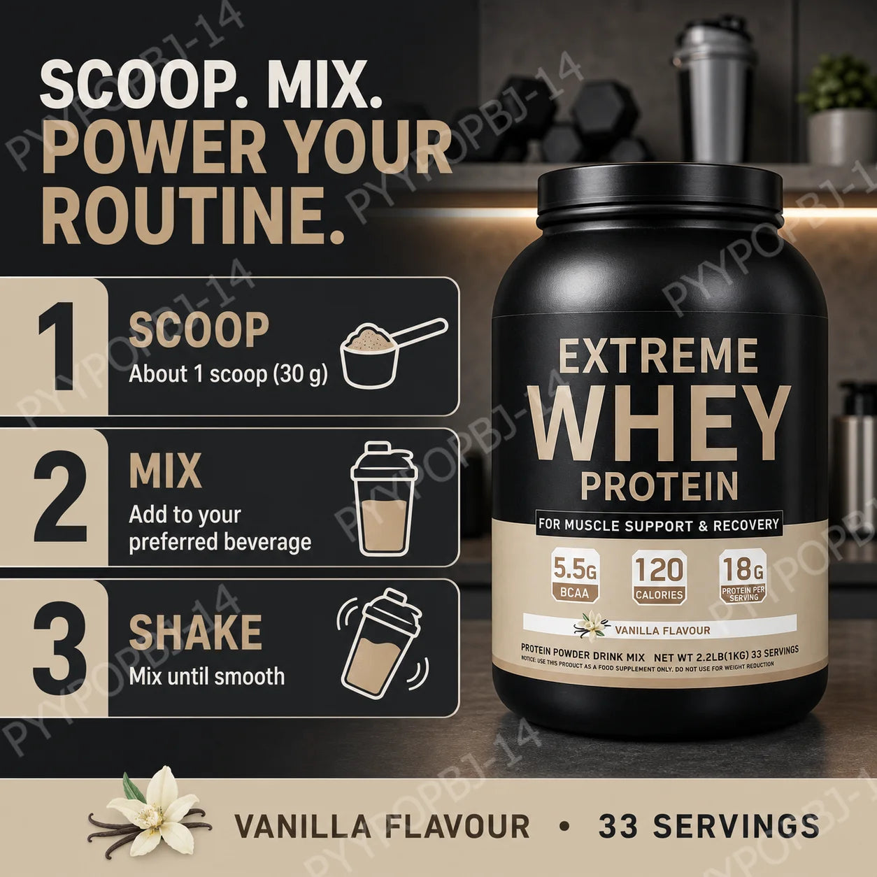 Whey Protein Powder 18g Protein 5.5g BCAA, Vanilla Flavor for Muscle Support Recovery and Daily Sports Nutrition 33 Servings 1kg