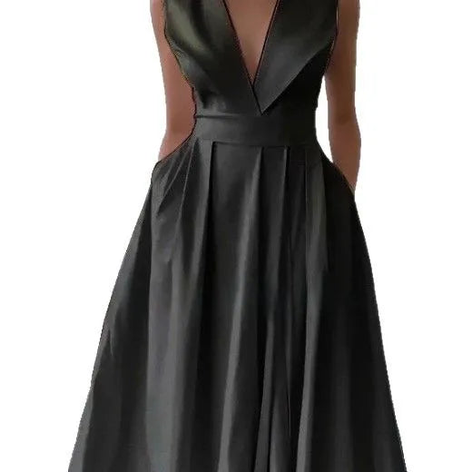 Hot Sale Of The Season New Women's Midi Dress Sleeveless Waist Cinched Large Flounce Pure Color Pocket Insertion Cross-Border...