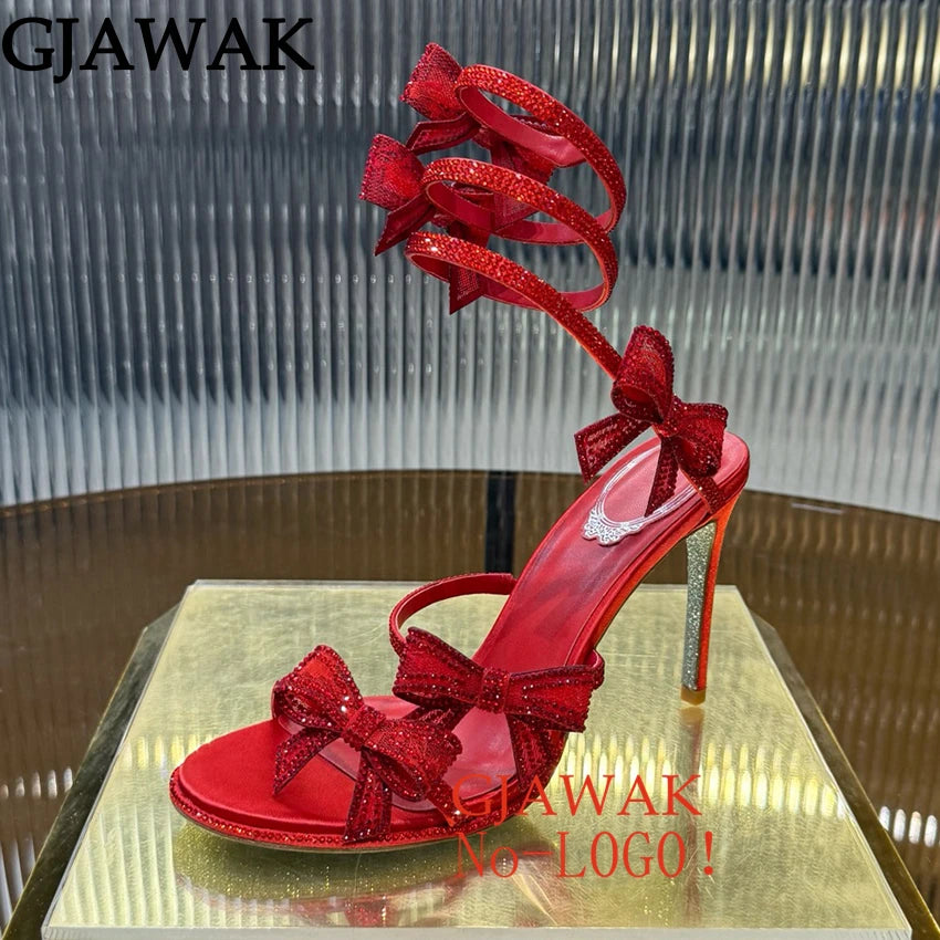 Summer Crystal Bowknot High Heels Sandals Woman Twine Around Ankle Snake Wedding Shoes For Woman Runway Gladiator Sandals Women