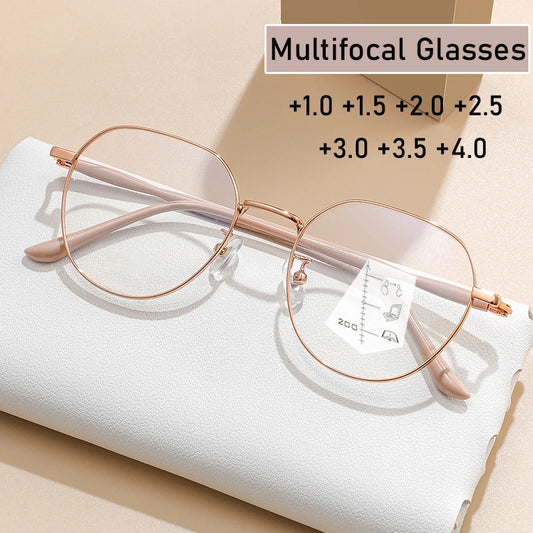 Progressive Multifocal Glasses Anti Blue Light Reading Glasses Fashion Women Men Metal Near and Far Presbyopic Eyewear Diopter