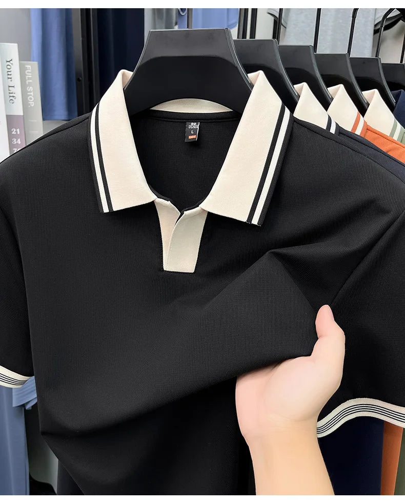 Light luxury summer new short sleeve polo shirt silky breathable high-end men's fashion personalized color blocked lapel T-shirt