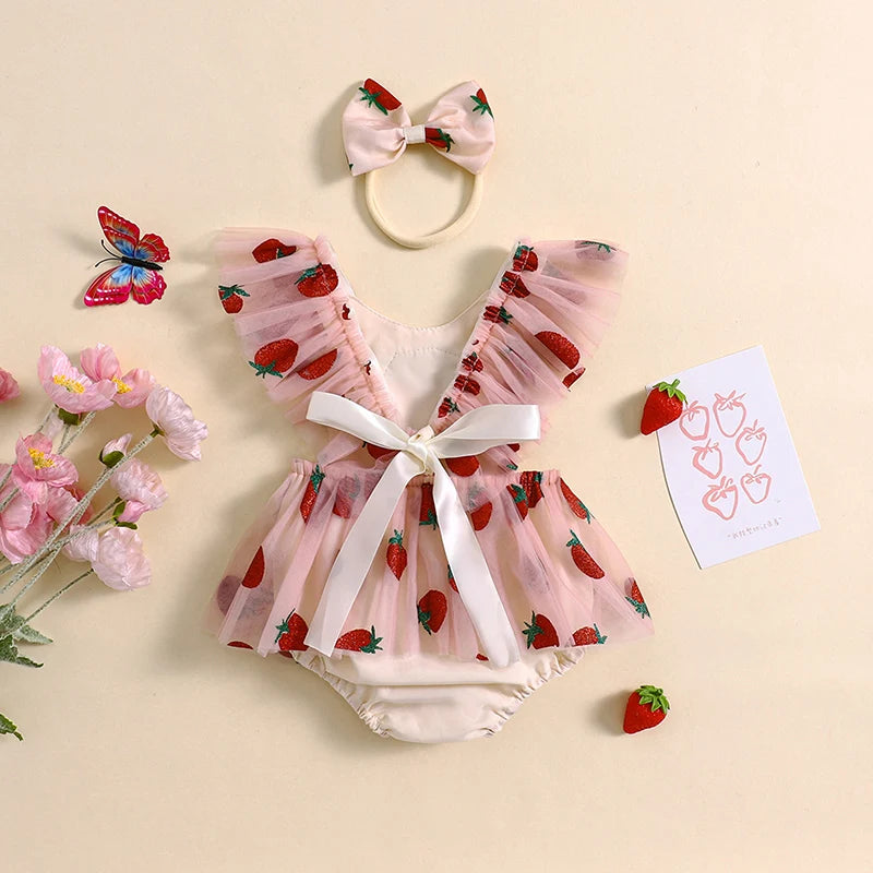 Baby Girl Summer Outfit, Strawberry Embroidery Fly Sleeve Romper Dress Bow Headband Toddler 2 Piece Set