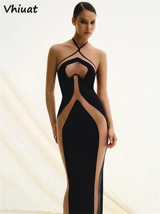 Vhiuat Hollow Out Sexy Women Striped Evening Party Maxi Dress Sleeveless Backless Halter Elegant Fashion Long Dresses Y2K 2024