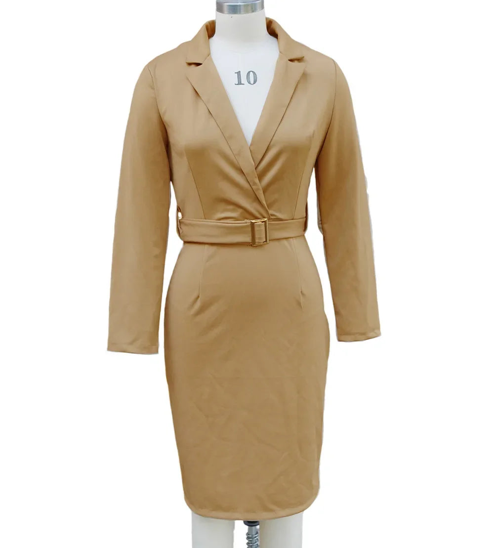 Elegant Office Dress High Waist Suit Collar Belted Style Autumn New Arrival Women's Fashionable Gown by None( AE Stock)
