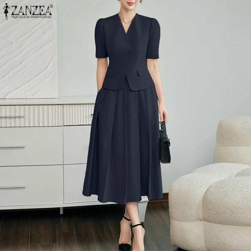 ZANZEA Vintage Outfits Women Fashion Office Dress Sets Solid Shirts A-Line Pleated Maxi Skirts Casual Suits 2025 Matching Sets