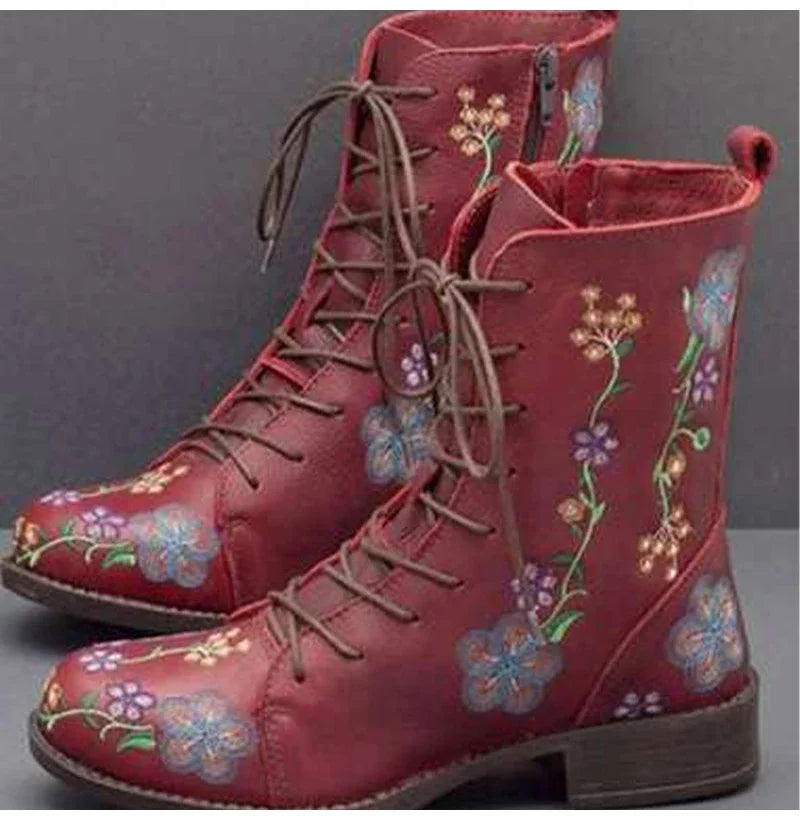 Woman Ankle Boots Embroidery Big Size Flower Boots 2023 Women Autumn Winter Lace Up PU Leather Female Footwear Ladies Shoes