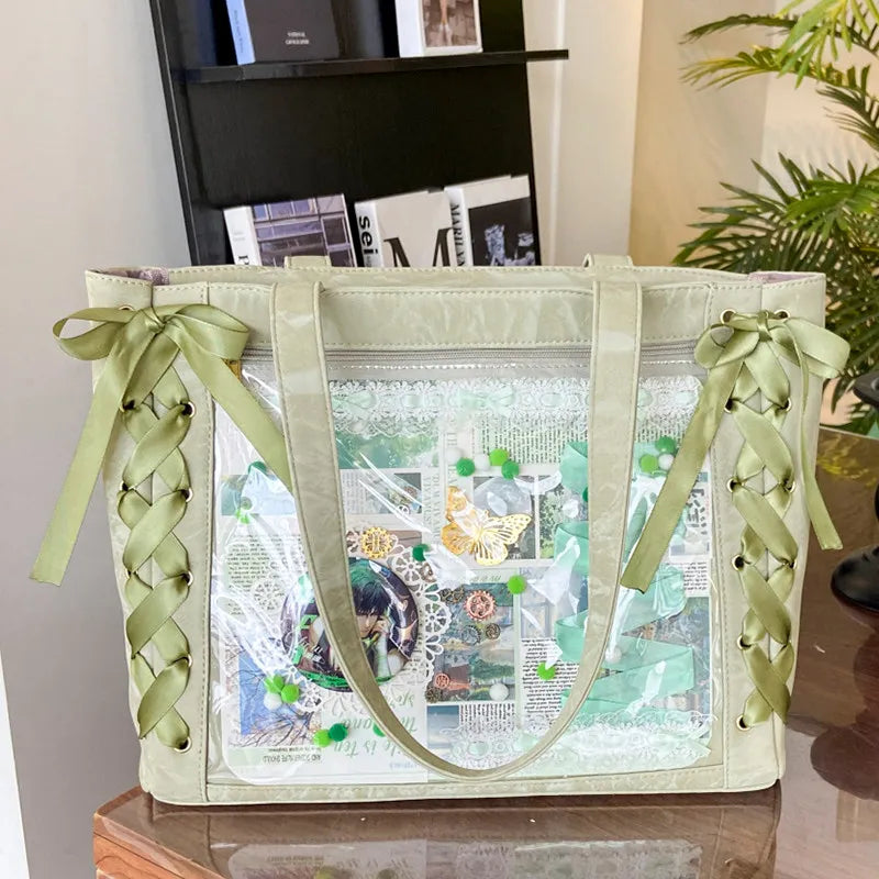 New Y2K Ribbon Bow Japanese Ita Shoulder Bag Cute Girl Transparent Pocket Large Capacity Crossbody Tote Bag DIY Display Handbags