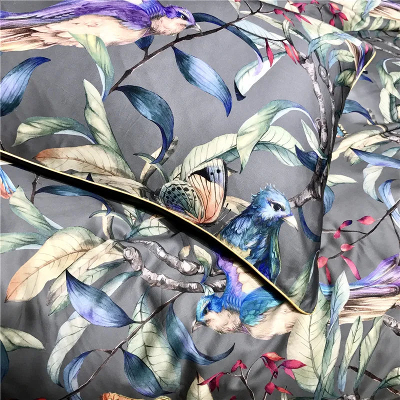 Egyptian Cotton Flower Bird Digital Printing Bedding Sets, Bed Linen Duvet Cover Set, Luxury Bed Sheets, Pillowcase, 600TC, 4Pcs