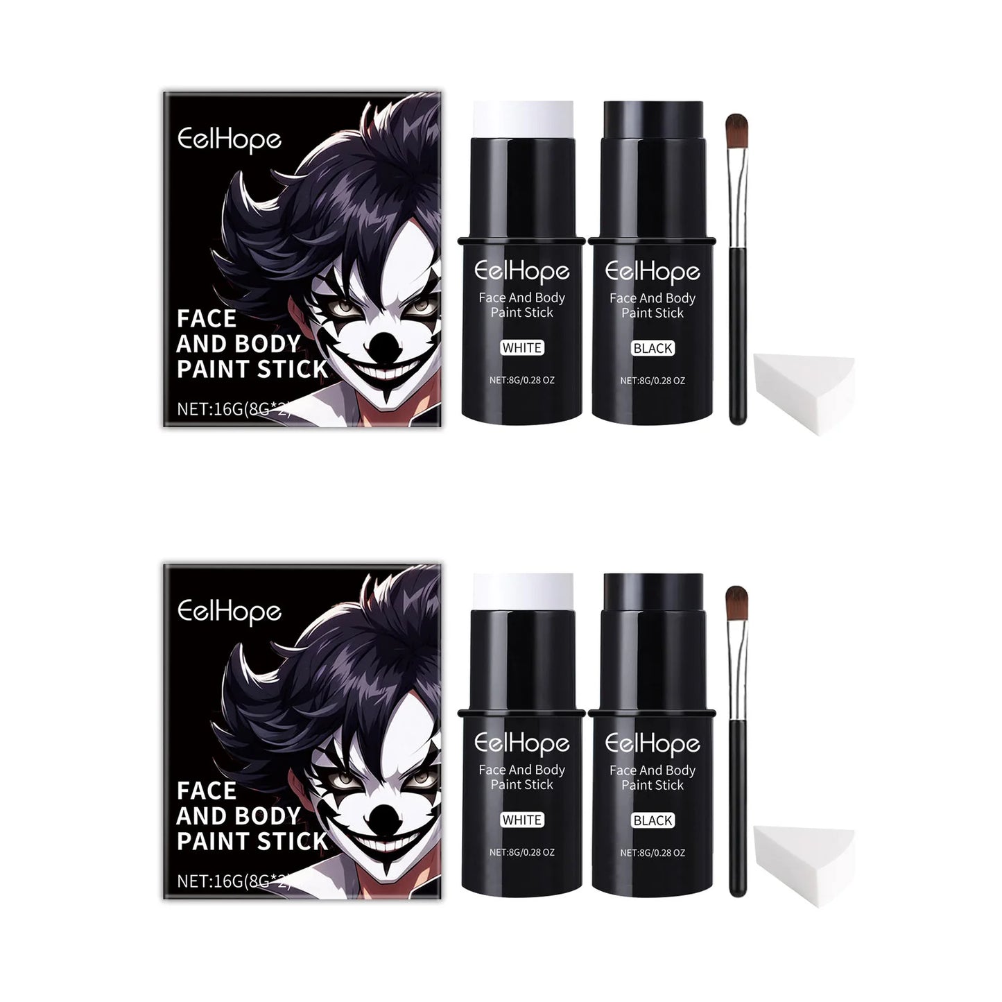 Halloween Black White Face Body Paint Kit Full Coverage Lighweight Foundation Clown Joker Makeup Festive Makeup Accessories Set