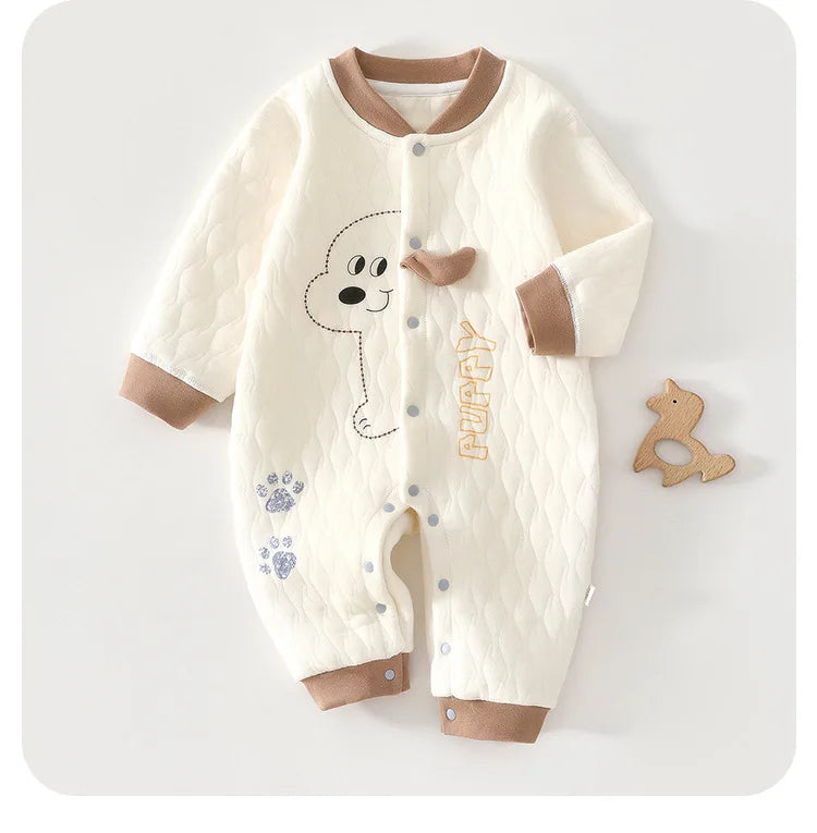0-2Y Newborn Girl Boy Spring Bodysuit 2026 Baby Cotton Quilted Seamless Romper Autumn Warm Printed Soft Skin-Friendly Sleepwear