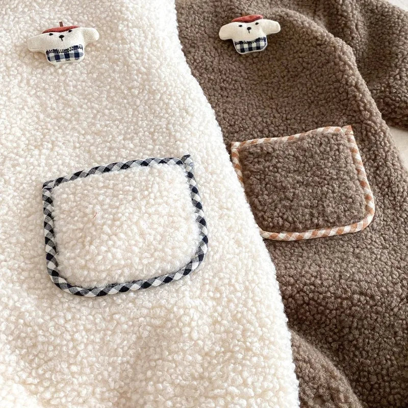 New Autumn Winter Baby Girl Boy Romper with Bunny Hat Cute Pocket Design Warm Infant Long Sleeve One-Piece Jumpsuit B5066