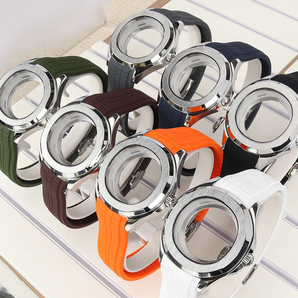 42mm Silver NH35 Watch Case Polished Brushed Black strap SapphireGlass For Nautilus AQUANAUT Cases Part NH35 NH36 NH38 32mm Dial