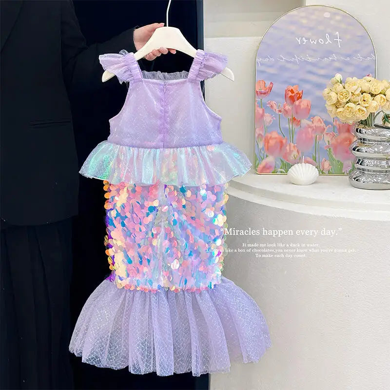 Mermaid Princess Dress Carnival Birthday Party Dress Halloween Mermaid Costume Girl Princess Costume Sequined Fishtail Skirt