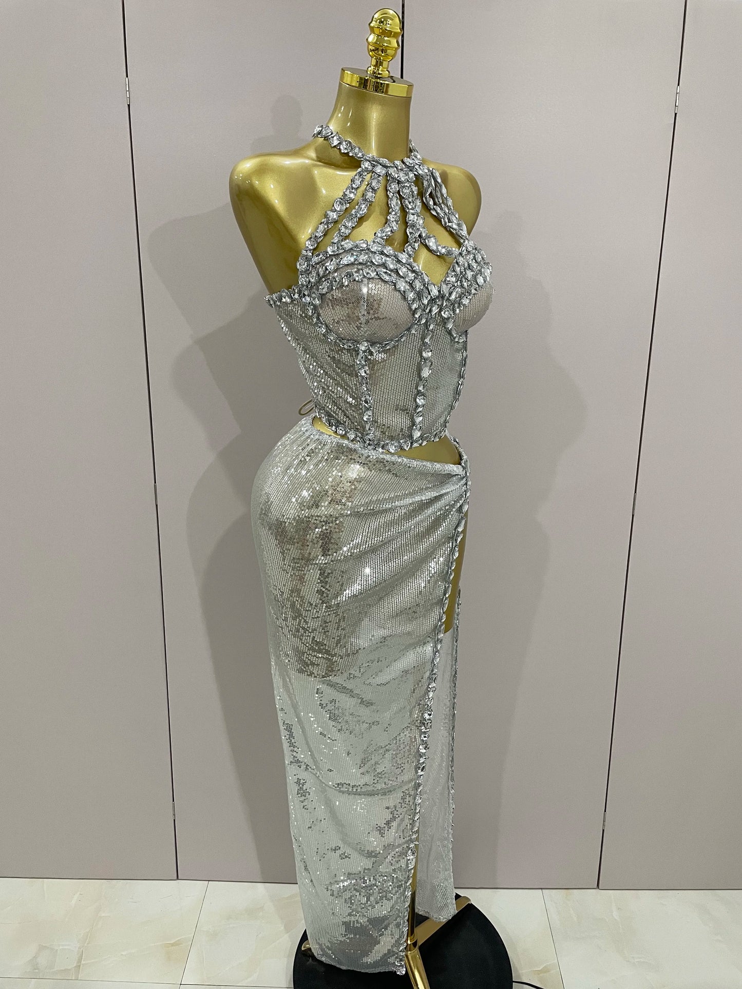 Sexy Luxury Shiny Diamond Sequins Cocktail Dress 2Pcs Set 2025New Women Evening Celebrate Birthday Party Nightclub Stage costume