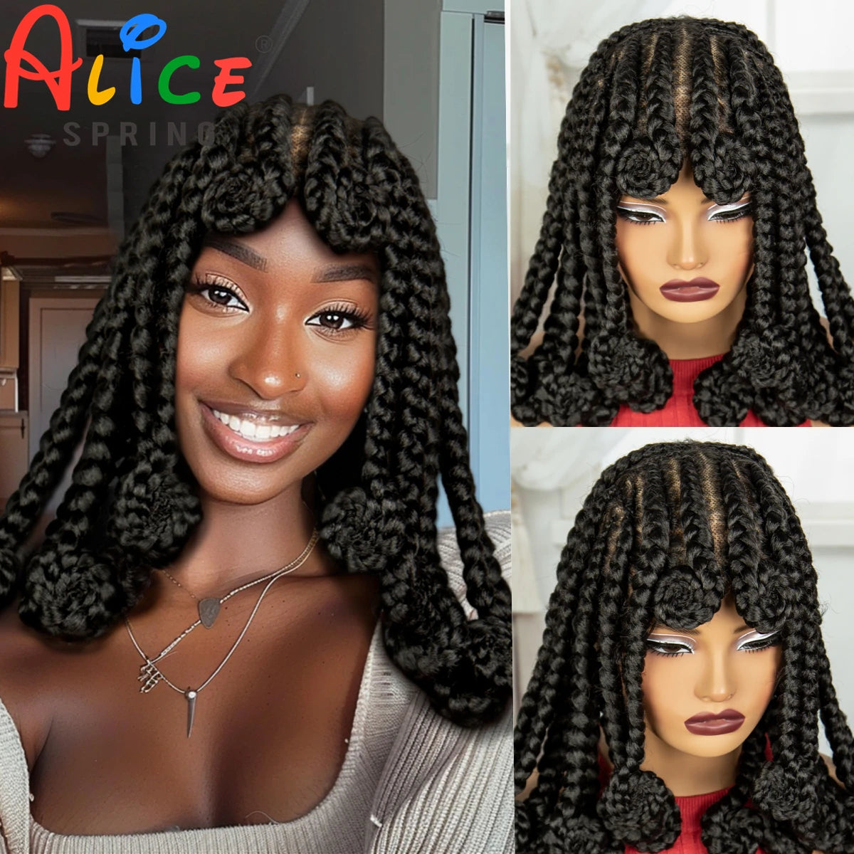 Synthetic Full Lace Bantu Braids Wig with Baby Hair 14Inch Natural Lace Front Braided Wig Handmade Cornrow Braid for Black Women
