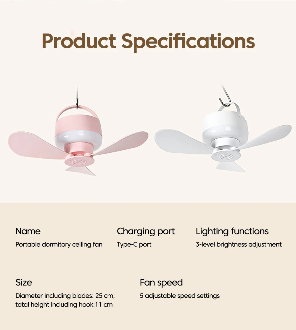 1.5/3M Ceiling Fan With LED Light and Remote Control USB Charging Household Outdoor Camping Tent Student Dormitory Bed Small Fan