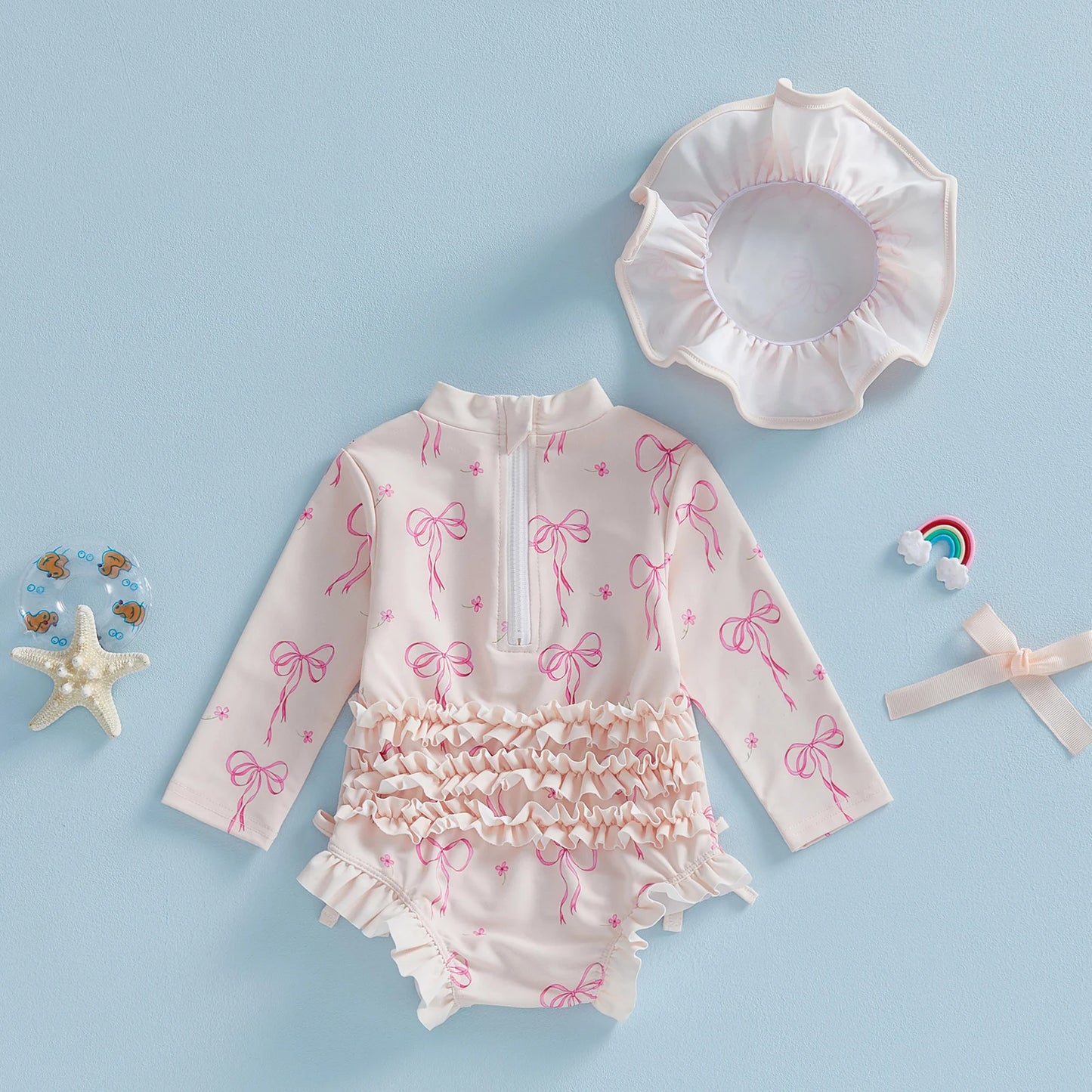 Toddler Baby Girl Rash Guard Swimsuit Bow Print Ruffled Long Sleeve Round Neck Beachwear Jumpsuit and Hat Swimwear 2Pcs Set