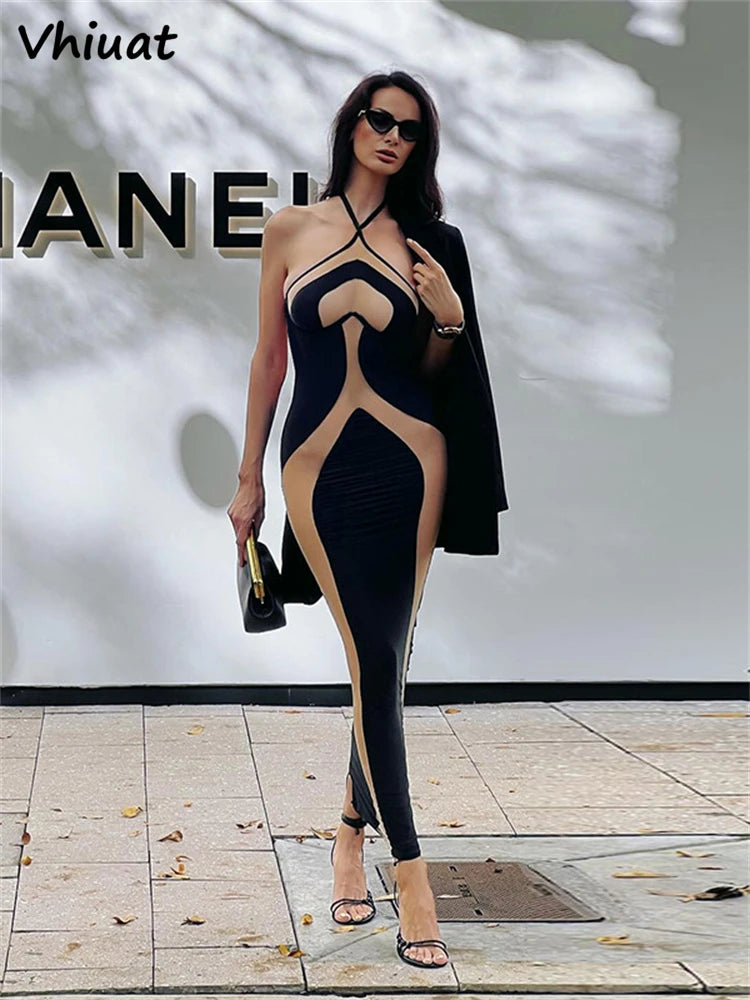 Vhiuat Hollow Out Sexy Women Striped Evening Party Maxi Dress Sleeveless Backless Halter Elegant Fashion Long Dresses Y2K 2024