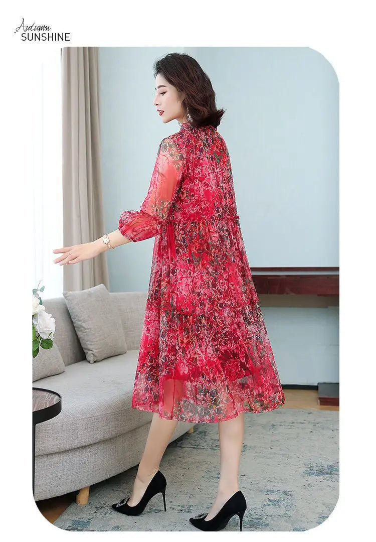 Summer New Casual Half Sleeve Midi Dress Vintage Printed Women's Clothing Ruffles Spliced Stylish Drawstring Loose Gauze Dresses