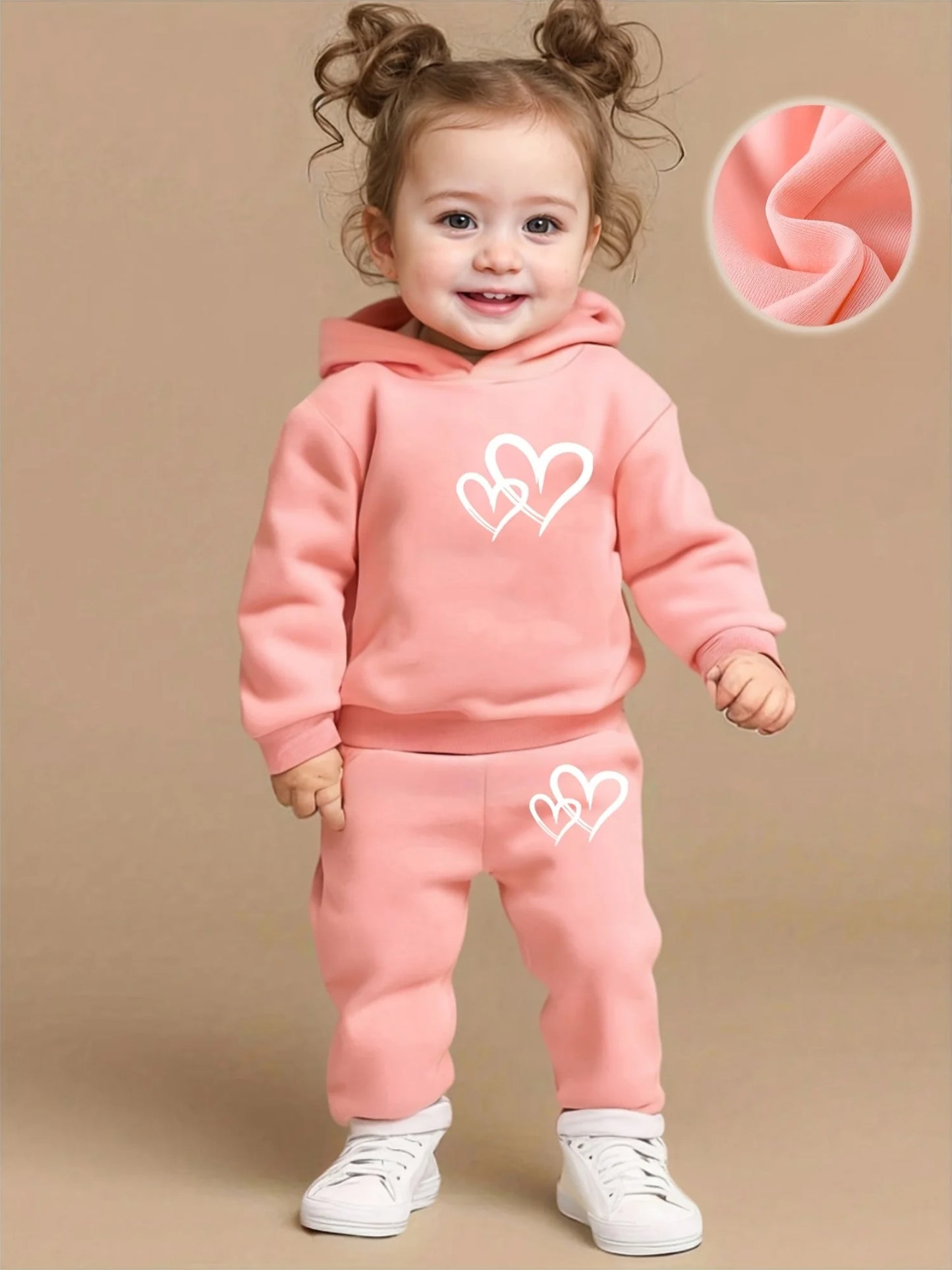 Girls' Toddler/Kid Autumn & Winter 2-Piece Set: Hooded Fleece Sweatshirt with Heart Pattern + Casual Athletic Pants