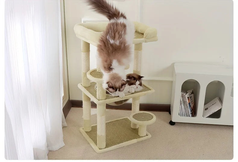 2-Tier Luxury Cat Tree with Sisal Scratching Posts, Multi-Level Cat Tower with Plush Perches & Hanging Toys, Durable Activity