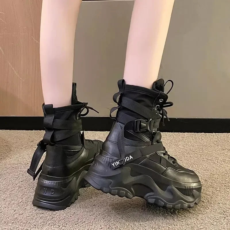 Hot Fashion Women Chunky Platform Motorcycle Boots White Lace Up Thick Bottom Shoes Woman Autumn Winter Ankle
