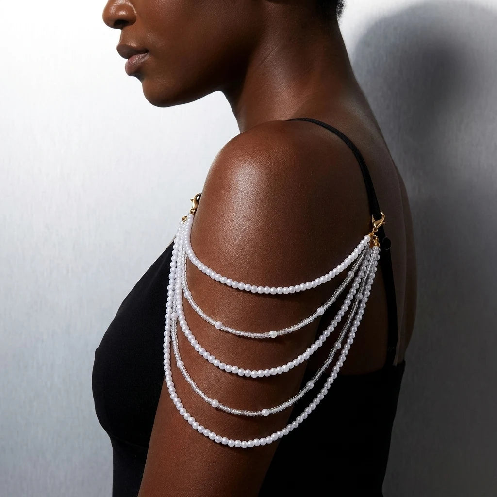 Sexy Imitation Pearl Body Chain for Women Multilayer Pearl Rice Beads Chain Shoulder Sweater Long Chain Party Wedding Jewelry