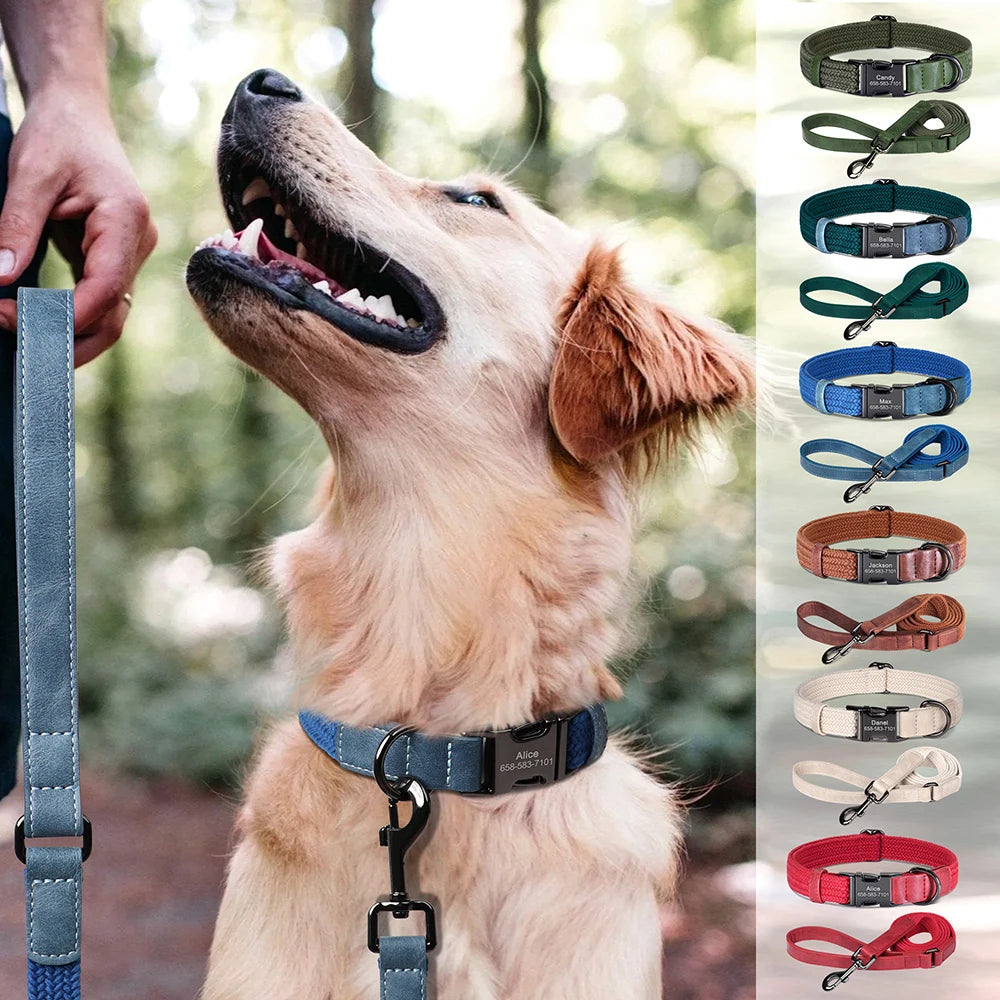Retro Dog Collar Leash Set Custom Nylon Dog Collars With Walking Lead Rope Adjustable Pet Necklace for Small Large Dogs Durable