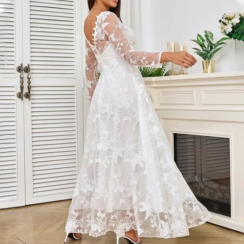 2025 New White Lace Long Sleeve One Shoulder Women's Dress Wedding Dress Evening Gown Elegant Classy Female Fashionable
