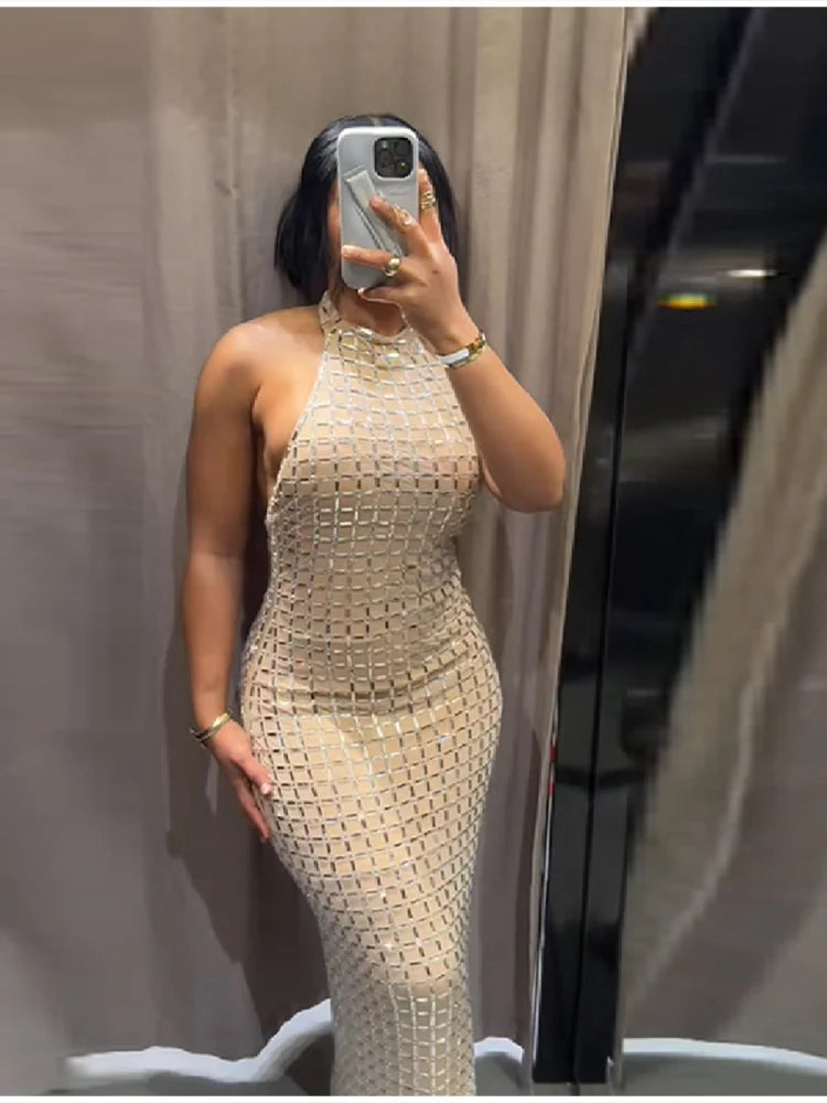 Sexy See Through Shinny Party Maxi Dress For Women O Neck Sleeveless Slim Fit Long Vestidos 2025 New Lady High Street Robes