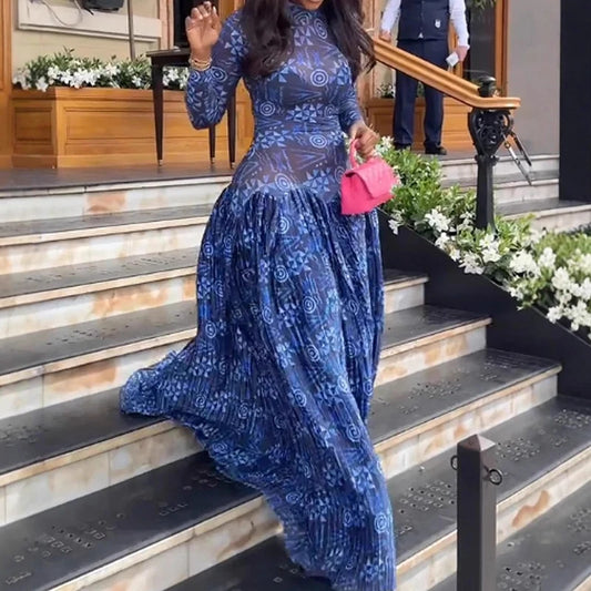 Autumn O-neck Long Sleeved Women's Casual Dress Fashion Perspective Swing Bohemian Dress Vintage Flower Printed Beach Robe Dress