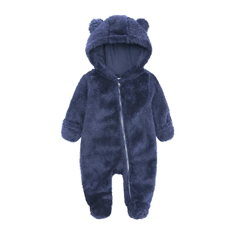 2025 Warm Footed Baby Romper Zipper Closure Fall Newborn Bear Ear Hooded Fuzzy Onesie Outfit Infant Boys Girls 100 Days Jumpsuit