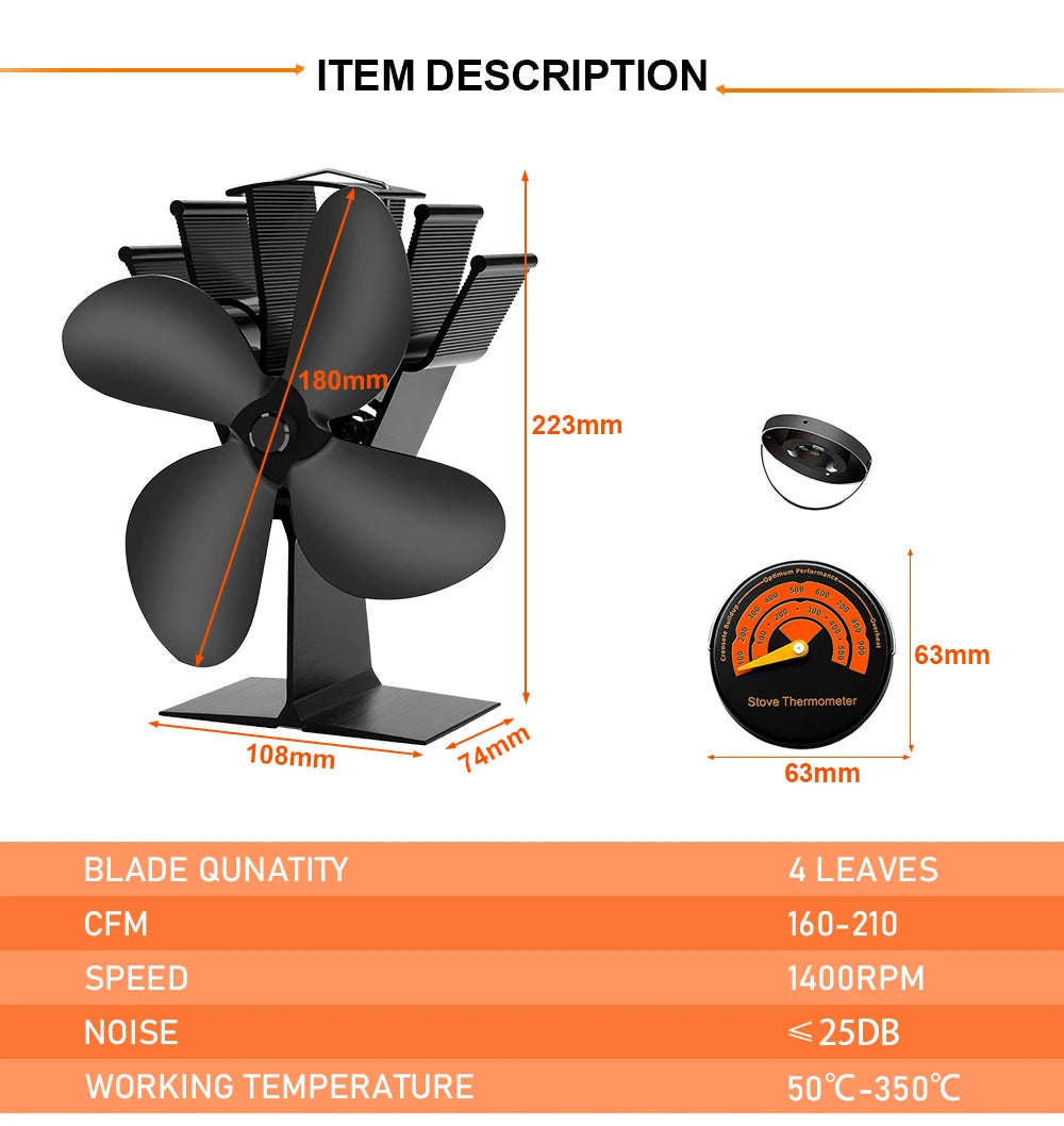 4 Blade Heat Powered Stove Fan Log Wood Burner Eco Friendly Quiet Fireplace Fan Winter Warm Home Efficient Heat Distribution