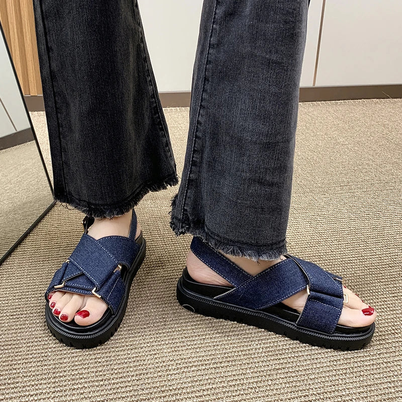 Denim Cross-strap Thick Sole Sandals Women 2025 New Summer Platform Shoes  Woman Outdoor Casual Sports Beach Shoes Slippers