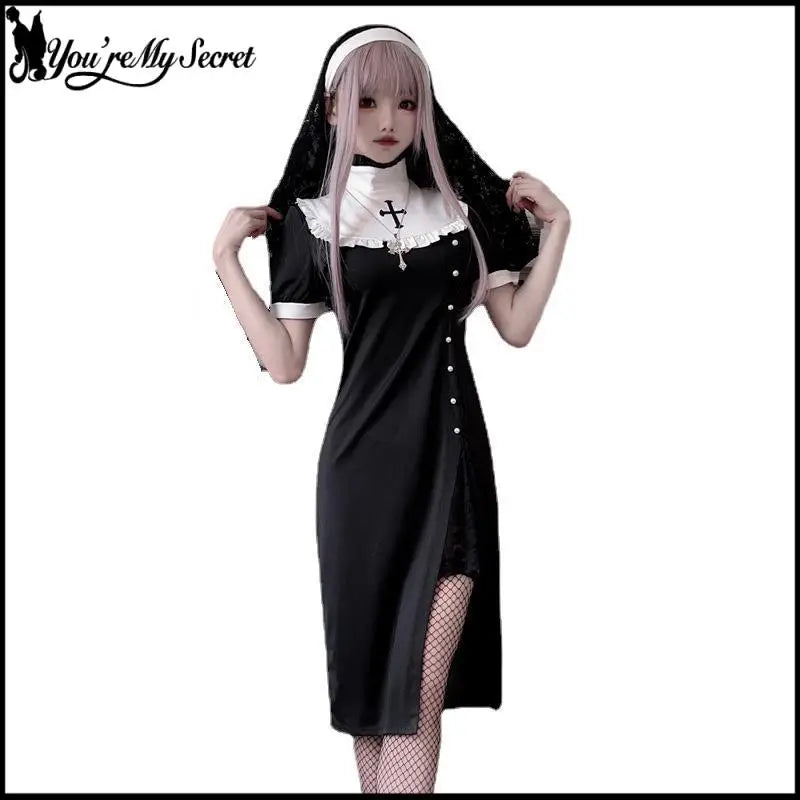 [You're My Secret] 2026 Halloween Cosplay Costumes Women's Vampire Costume Gothic Nun's Clothing Sexy Lace Slim Fit Black Dress