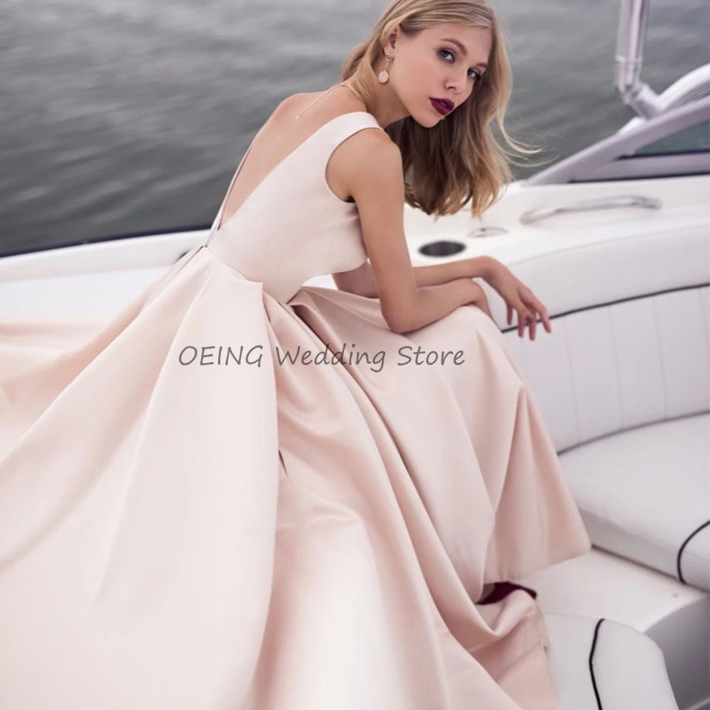 Simple Pearl Pink Bridal Dress A Line Ankle Length Deep V Neck Sexy Bridal Gown Backless Zipper Up Sleeveless Short Wedding Gown