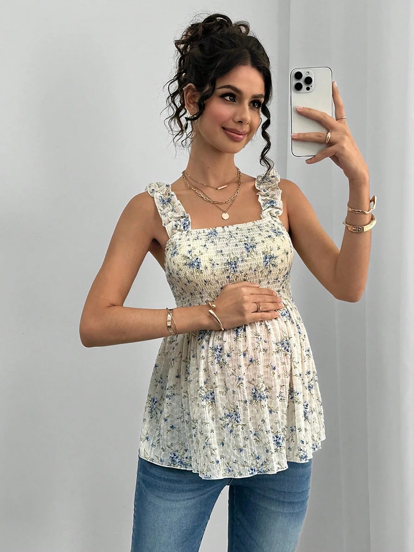 Maternity Clothing Spring and Summer New Printed Suspenders Maternity Top Square Collar A Word Maternity Vest Pregnancy Shirt