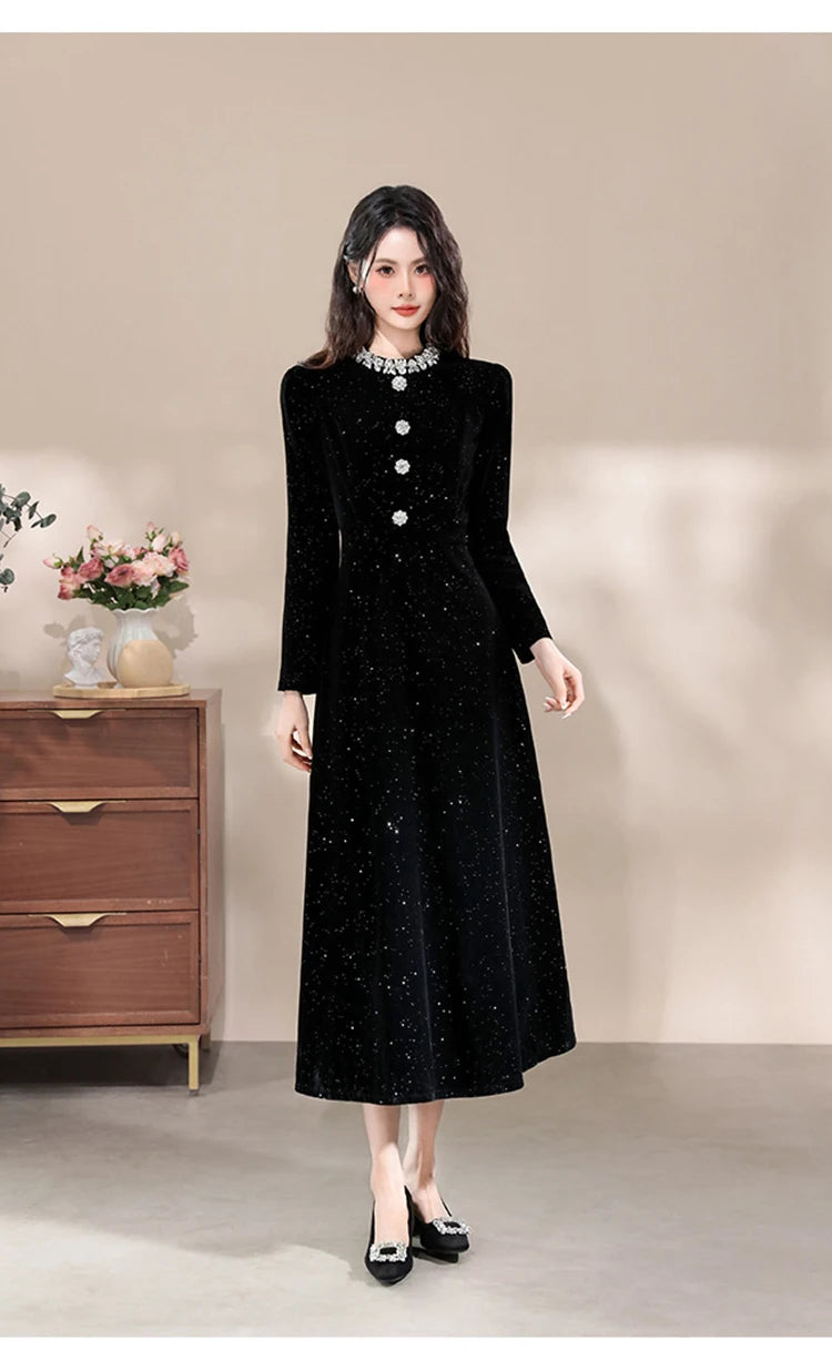Formal Occasion Black Shiny Slim Long Evening Dress Women Clothes Elegant Luxury Lady Fashion Party Prom Birthday Vestids Retro