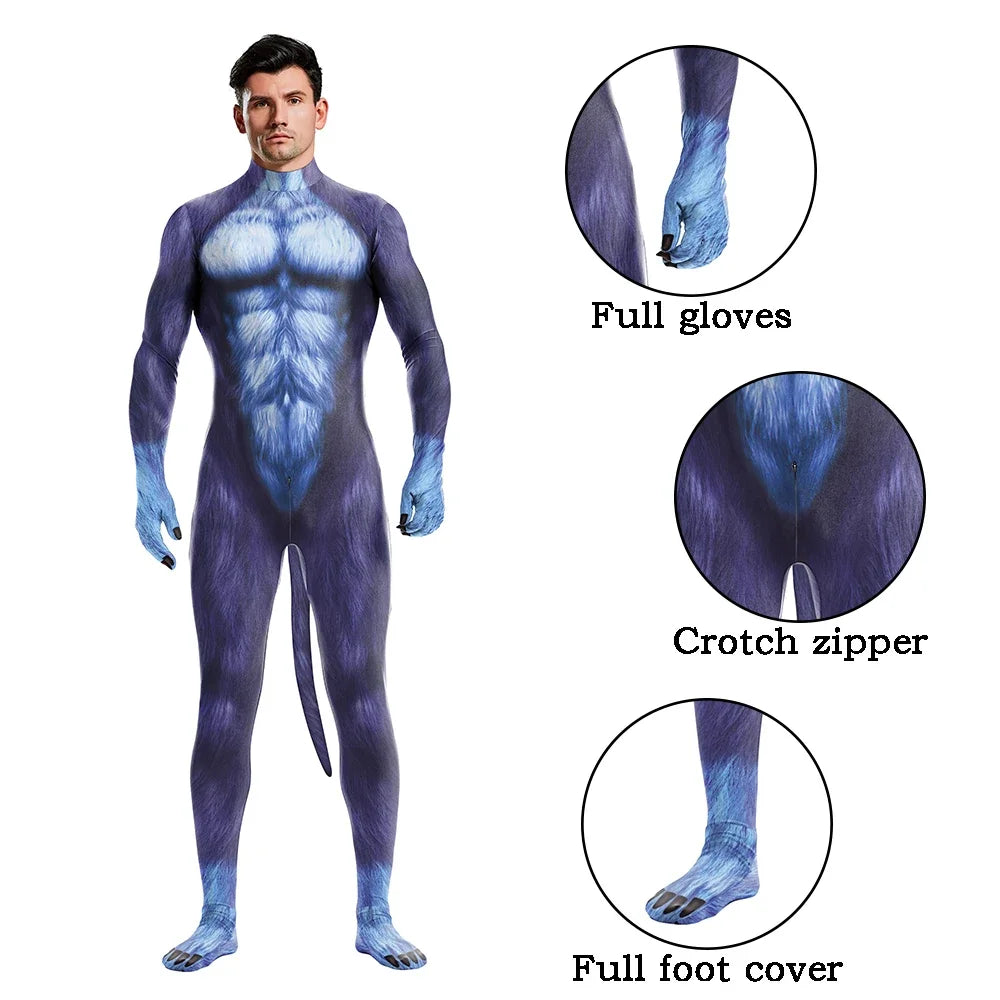 Halloween Cosplay Costume Male Adult Full Cover Elastic Zentai Pet Suit Jumpsuit Print Catsuit Bodysuits with Tail Purim Clothes